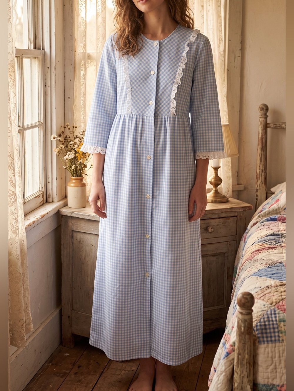Cottagecore Gingham Nightgown Button Up Women’s Large Blue Lace Prairie Dress